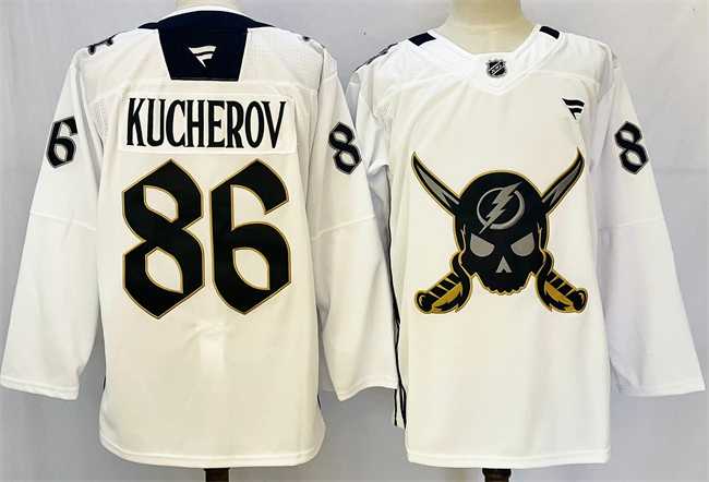 Mens Tampa Bay Lightning #86 Nikita Kucherov 2024-25 White Gasparilla Inspired Pirate-Themed Warmup Stitched Jersey